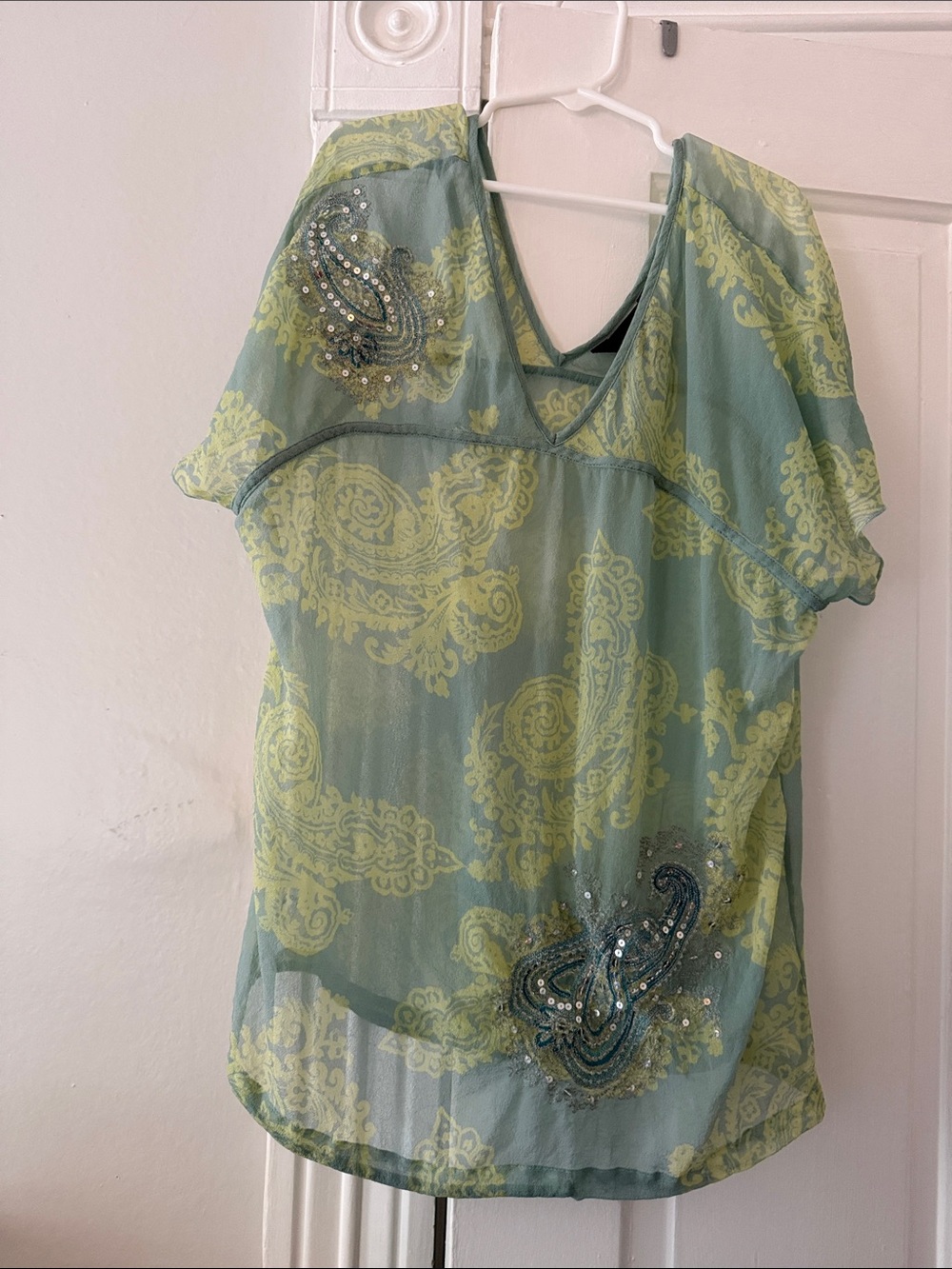 Express Green Paisley Sequin V-Neck Blouse
